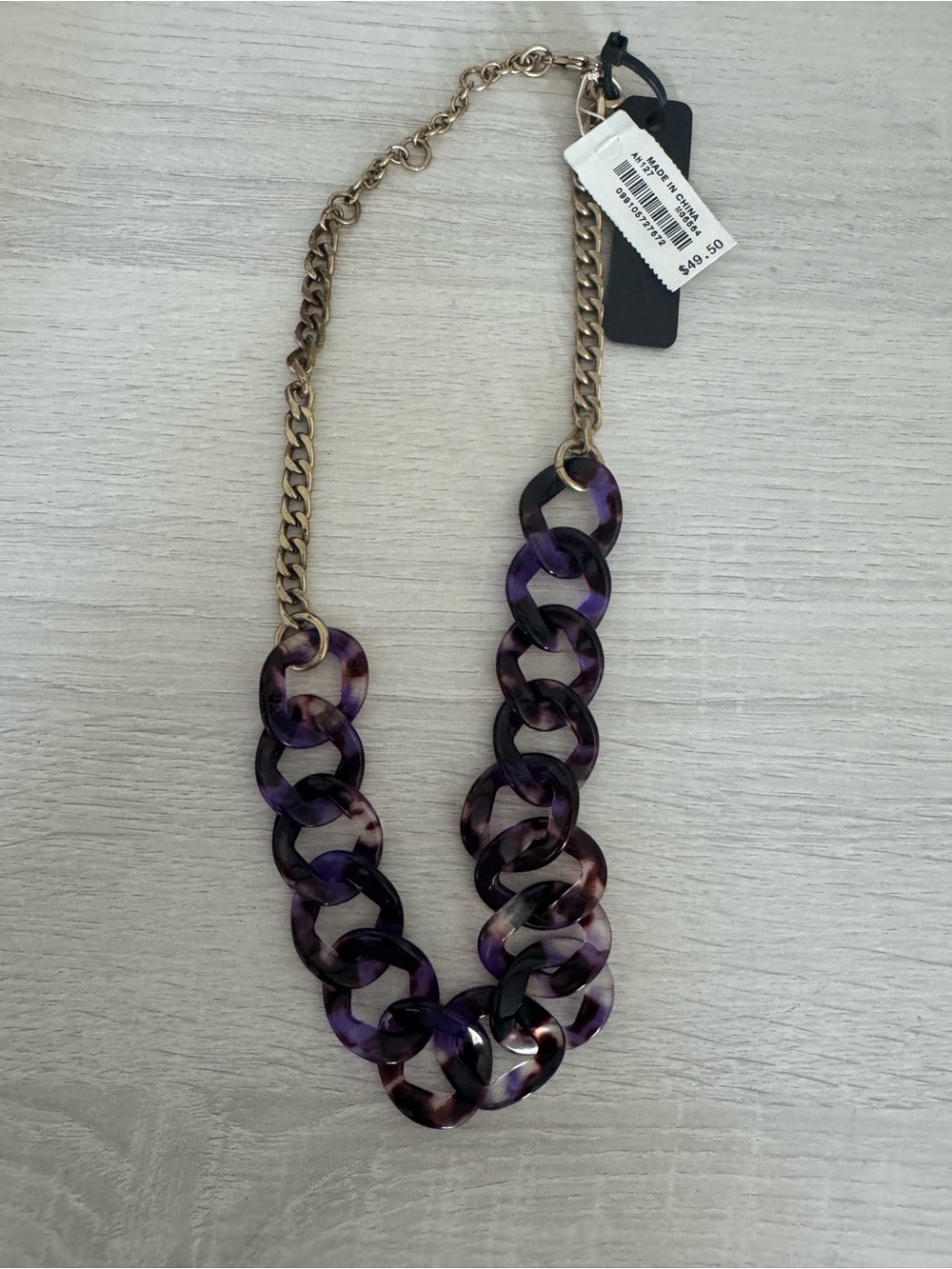 NWT ~ J Crew Signed Purple Tortoise Acrylic Links Gold Tone Statement Necklace